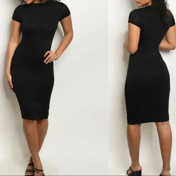 Popular Basics Jersey Midi Dress Form Fitting Black Sizes M, L, XL NEW - Picture 1 of 3